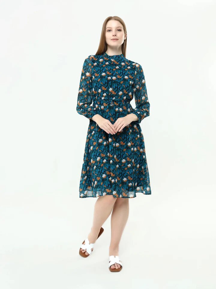 Blue Floral Chiffon Midi Dress