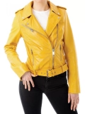 Ride in Style: The Women’s Biker Belted Yellow Leather Motorcycle Jacket